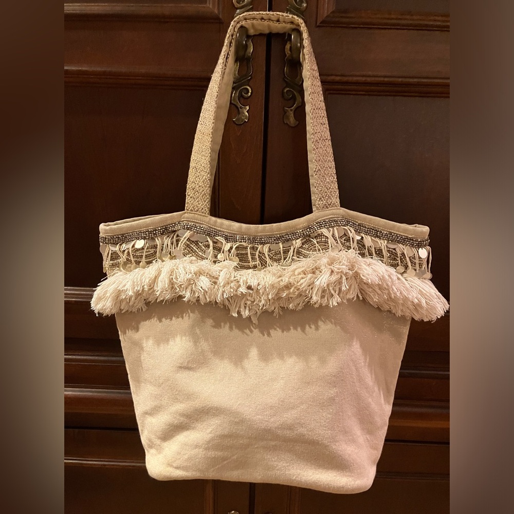 Chico’s Tan Metallic Cotton Beaded and Fringed Large Tote Bag. Stylish Versatile